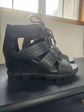 Sorel Black Lace-Up Cutout Wedge Sandals